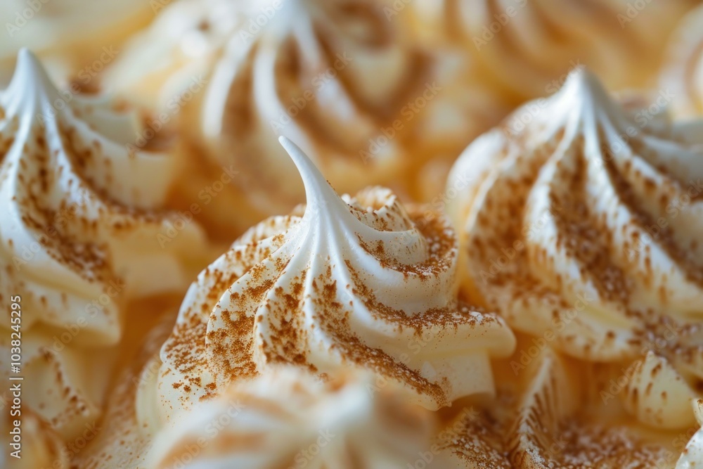 Delicious whipped cream peaks topped with cinnamon are swirled together in this close up food image Delicious whipped cream peaks topped with cinnamon are swirled together in this close up food image