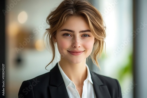 Smiling Blonde Woman in Business Suit - Corporate Portrait with Blurry Background