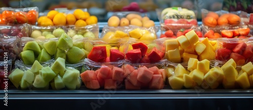 A vibrant fruit market displaying an array of colorful fruits and vegetables showcasing freshness and abundance