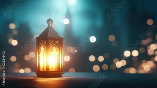 Wallpaper Mural A beautifully designed lantern illuminates a serene, blurred background, casting a warm glow amid captivating bokeh lights. Torontodigital.ca