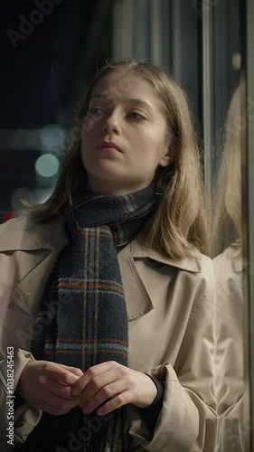 Wallpaper Mural A contemplative young woman enjoying the beauty of a city at night, amidst urban lights Torontodigital.ca