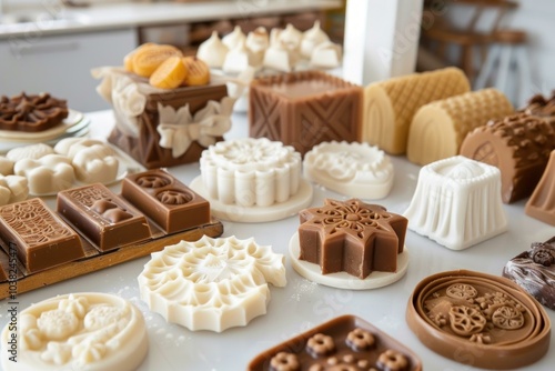 Soapmaker showing a variety of handmade soap bars with different designs on a table in the workshop photo