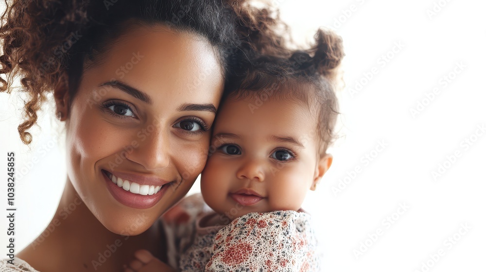 Portrait of happy mother embracing her baby girl over white transparent background Portrait of happy mother embracing her baby girl over white transparent background