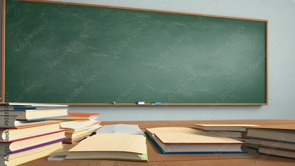 4K looping animation blackboard chalkboard books stacked background creating virtual classroom environment perfect backtoschool educational content designs education class school learning study