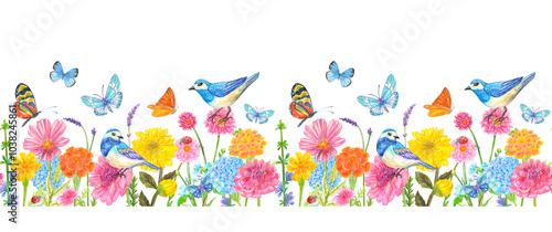 seamless border with blue birds in garden with field of colorful flowers with butterflies and ladybugs isolated on white background. watercolour painting