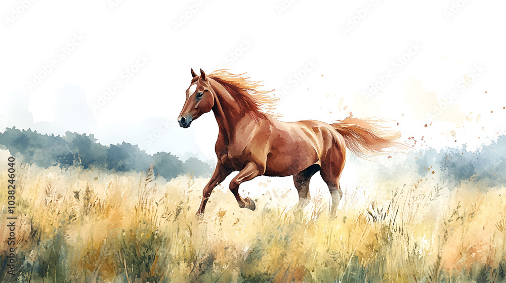 Obraz premium Watercolor Horse Running Through a Field, Hand-Painted, Animal Art, Perfect for Kids Illustrations and Countryside Designs