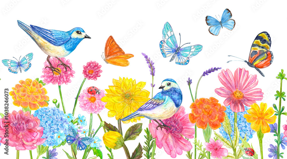 seamless wall decor border with couple of blue birds in garden with field of colorful flowers with butterflies and ladybugs isolated on white background. watercolour painting seamless wall decor border with couple of blue birds in garden with field of colorful flowers with butterflies and ladybugs isolated on white background. watercolour painting