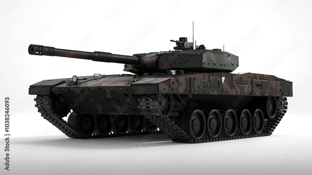 Modern military tank with camouflage design, isolated on white background. Modern military tank with camouflage design, isolated on white background.