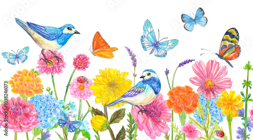 seamless wall decor border with couple of blue birds in garden with field of colorful flowers with butterflies and ladybugs isolated on white background. watercolour painting