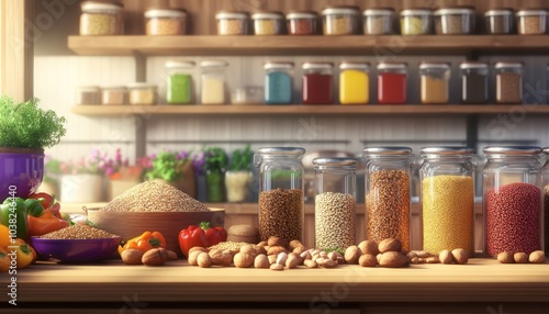 A well-organized kitchen with healthy ingredients displayed including grains nuts and colorful spices emphasizing healthy cooking