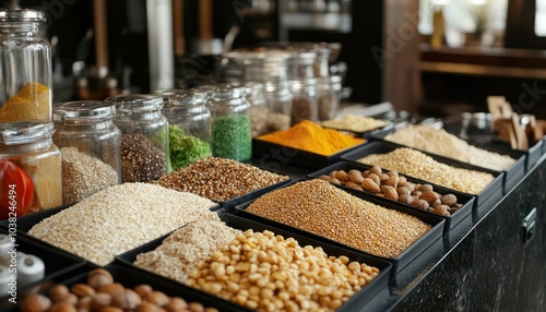 A well-organized kitchen with healthy ingredients displayed including grains nuts and colorful spices emphasizing healthy cooking