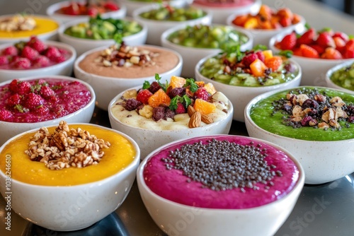 An array of colorful smoothie bowls topped with fresh fruits and nuts arranged aesthetically on a table