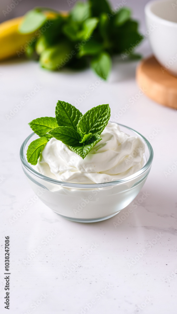 glass bowl whipped cream topped with fresh mint leaves glass bowl whipped cream topped with fresh mint leaves