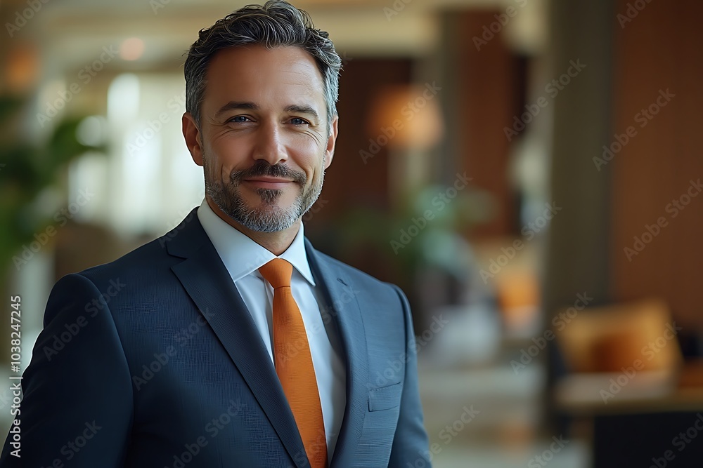 Smiling Businessman Leader In Suit With Blurred Workplace Background Smiling Businessman Leader In Suit With Blurred Workplace Background