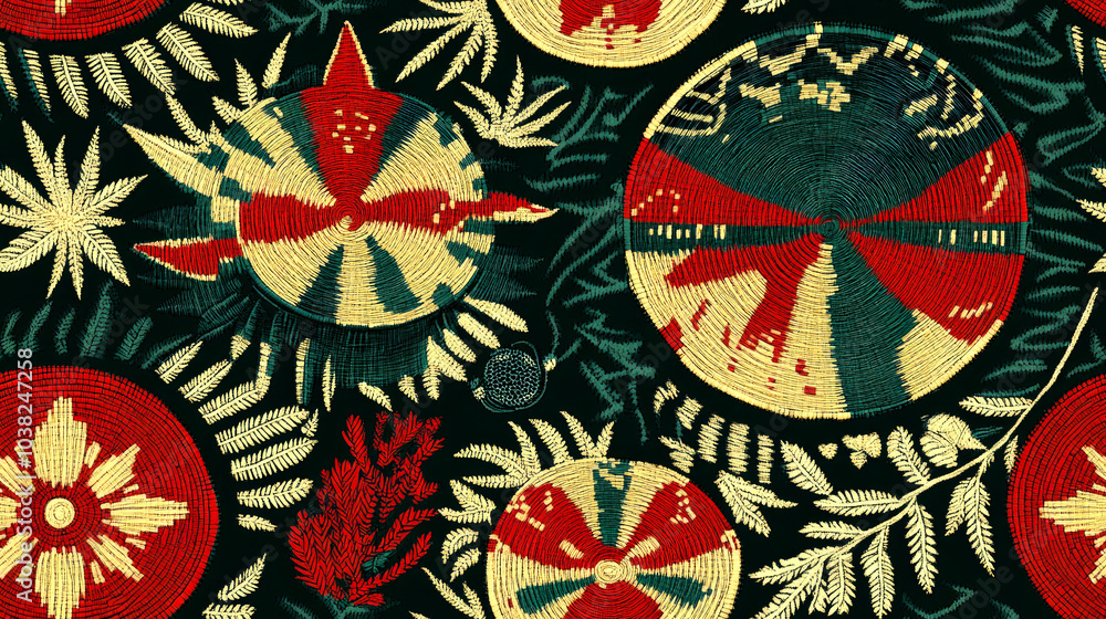 Fototapeta premium Seamless pattern with embroidered red and green circular motifs and leaf designs on black background.