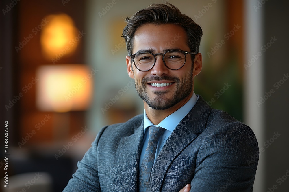 Smiling Businessman in Modern Office Setting Smiling Businessman in Modern Office Setting