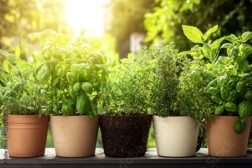 An artistic display of herbs and plants growing in pots showcasing the beauty of natural wellness solutions