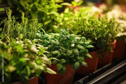An artistic display of herbs and plants growing in pots showcasing the beauty of natural wellness solutions