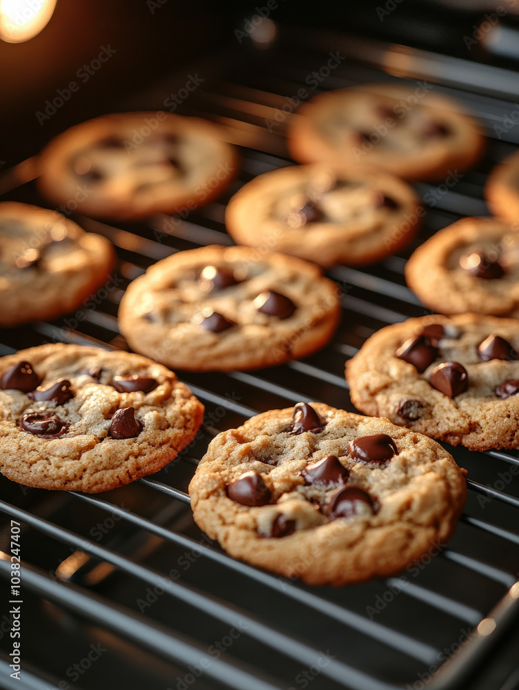 Freshly baked chocolate chip cookies on an oven rack. Freshly baked chocolate chip cookies on an oven rack.