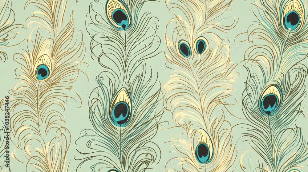Obraz premium Seamless pattern with peacock feathers in blue, beige, and gold colors on a light blue background.