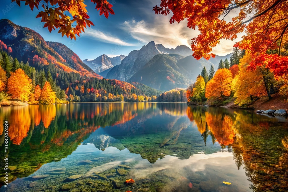 Obraz premium Scenic Autumn Lake with Mountainscape - Vibrant Fall Colors, Macro Photography, Reflections, Nature's Beauty, Serene Landscape, Peaceful Escape, Outdoor Adventure, Tranquil Serenity, Scenic Views