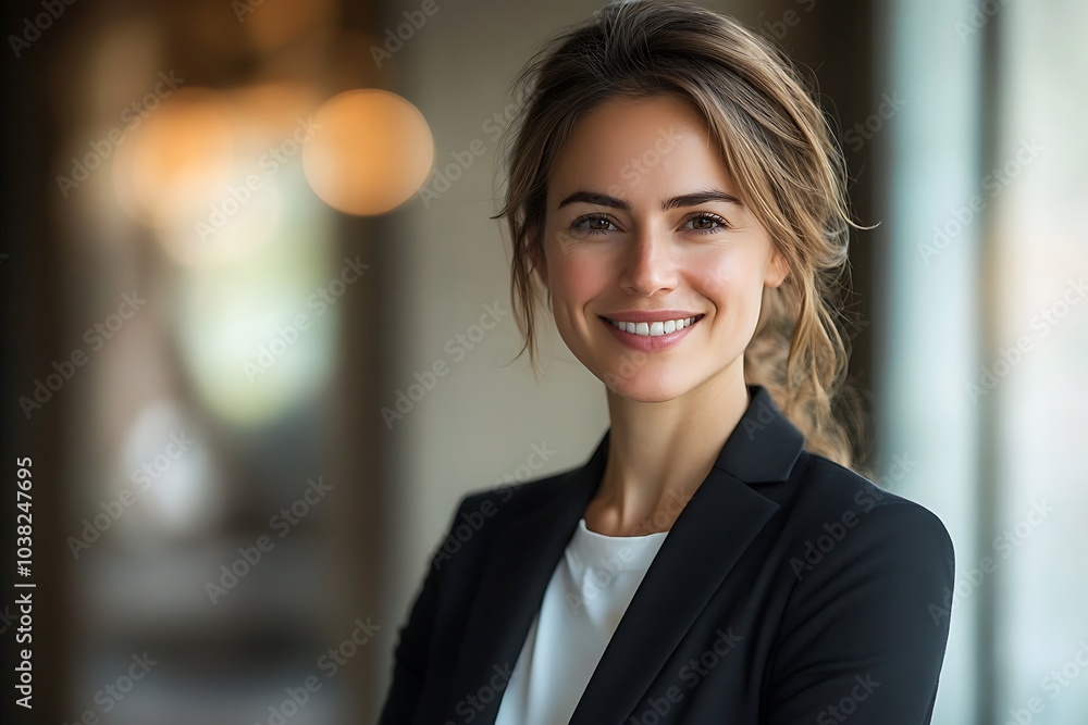 Smiling Businesswoman in Office - Professional Headshot, Warm Light Background. Smiling Businesswoman in Office - Professional Headshot, Warm Light Background.