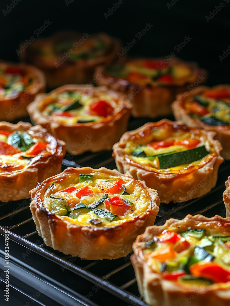 Delicious vegetable quiches baking in the oven. Delicious vegetable quiches baking in the oven.