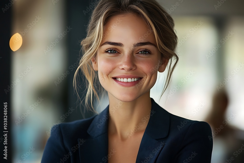 Smiling Businesswoman with Subtle Blush in Casual Blazer Smiling Businesswoman with Subtle Blush in Casual Blazer