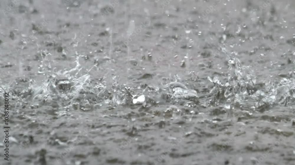 Abstract shapes, patterns and textures of rainwater falling on the surface of a concrete floor. Shapes, patterns and textures of water splashes during heavy rain. For video transitions or relaxation. Abstract shapes, patterns and textures of rainwater falling on the surface of a concrete floor. Shapes, patterns and textures of water splashes during heavy rain. For video transitions or relaxation.