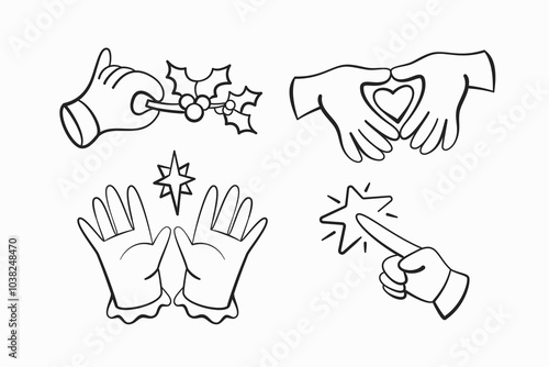 A set of hands in line style on a Christmas theme, decorated with holly leaves, decorated with a snowflake, showing a heart, etc.
