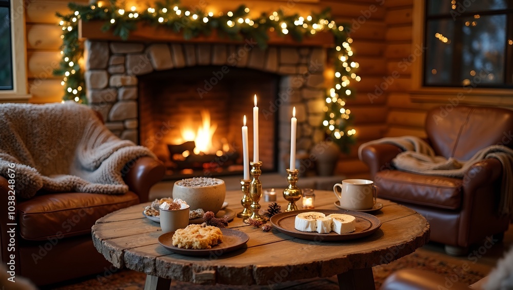 Warm and inviting New Years Eve celebration in a log cabin by the fireside Warm and inviting New Years Eve celebration in a log cabin by the fireside
