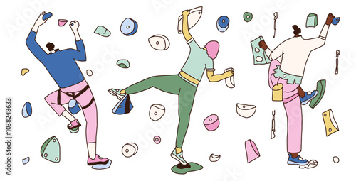 Climbing wall park. Climbers training kit. Vector hand drawn collection illustration isolated on white background.