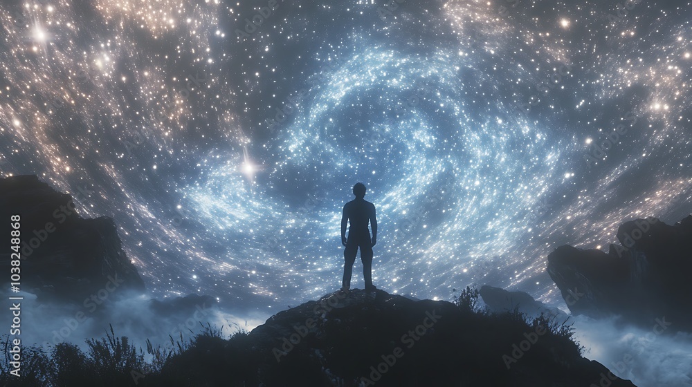 An ethereal figure standing on a hill overlooking a sea of stars and cosmic waves An ethereal figure standing on a hill overlooking a sea of stars and cosmic waves