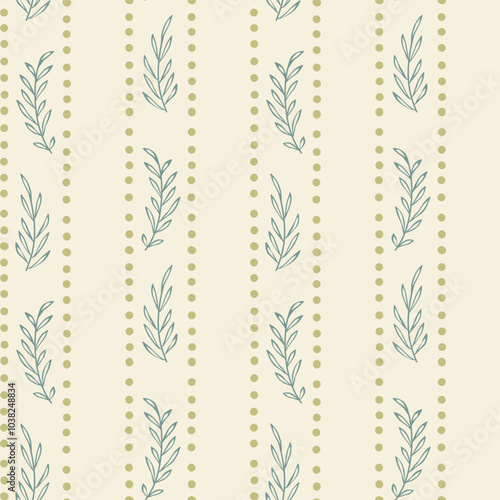 Seamless pattern with leaves and branches with dotted stripes. ector hand drawn illustration.