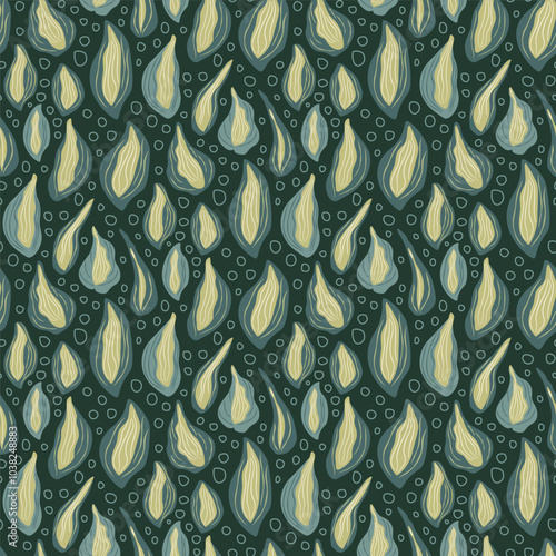 Hosta foliage floating endless background. Stylized leaves with dark green background seamless pattern. Surface pattern design secret garden motif. Vector hand drawn flat illustration.