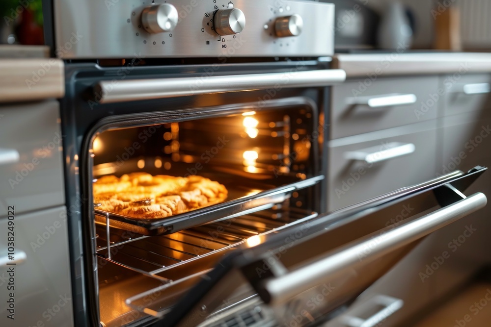 Baking tray with apple pie inside of the modern oven in the kitchen Baking tray with apple pie inside of the modern oven in the kitchen
