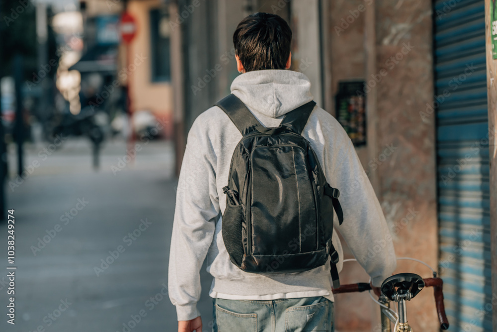 Fototapeta premium student on the street walking with vintage bicycle
