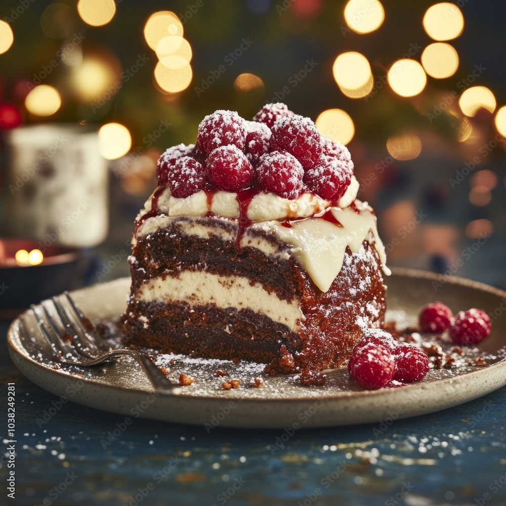 A delicious chocolate cake with cream and raspberries, set against festive lights. A delicious chocolate cake with cream and raspberries, set against festive lights.
