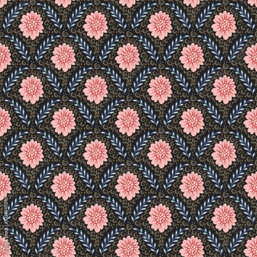 Flowers dark scallop seamless pattern. Floral secret garden endless background. Vector flat hand drawn illustration.
