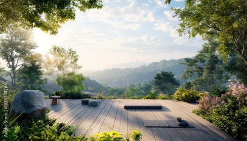 An outdoor yoga deck overlooking a serene landscape encouraging mindfulness and connection to nature