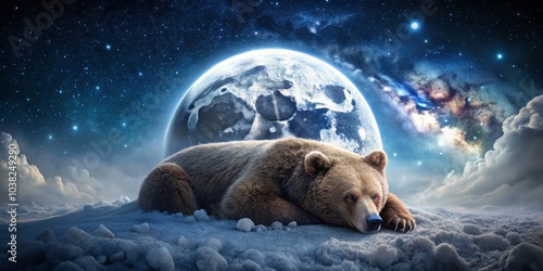 Sleepy Bearlike Figure Under a Cover on the Moon with High Depth of Field, Dreamy Night Sky, Celestial Landscape, Serene Space Scene, Cozy Lunar Vibes photo