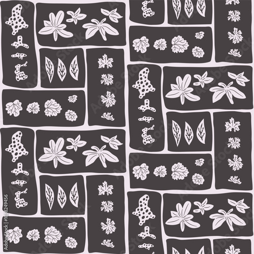 Plant block seamless pattern. Monochrome endless background. Leaves repeat cover. Vector hand drawn flat illustration.