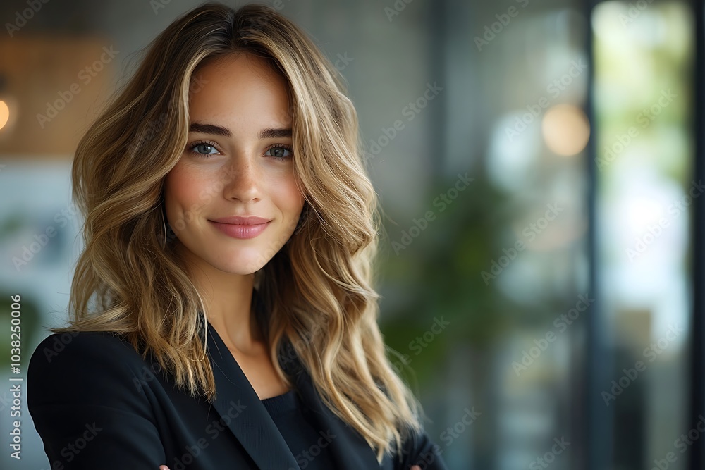 Smiling Woman with Green Eyes and Wavy Blonde Hair in an Office Smiling Woman with Green Eyes and Wavy Blonde Hair in an Office