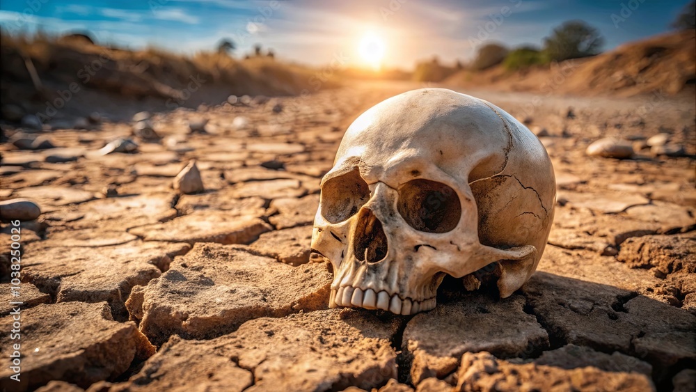 A human skull rests on parched, cracked earth beneath a vibrant sky, a silent testament to the fragility of life and the enduring power of nature. A human skull rests on parched, cracked earth beneath a vibrant sky, a silent testament to the fragility of life and the enduring power of nature.
