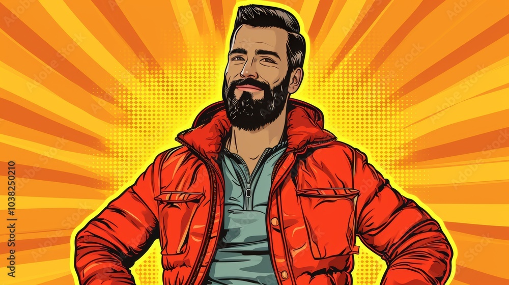 Cheerful stylish man with a beard poses confidently in a vibrant sunset-themed background Cheerful stylish man with a beard poses confidently in a vibrant sunset-themed background
