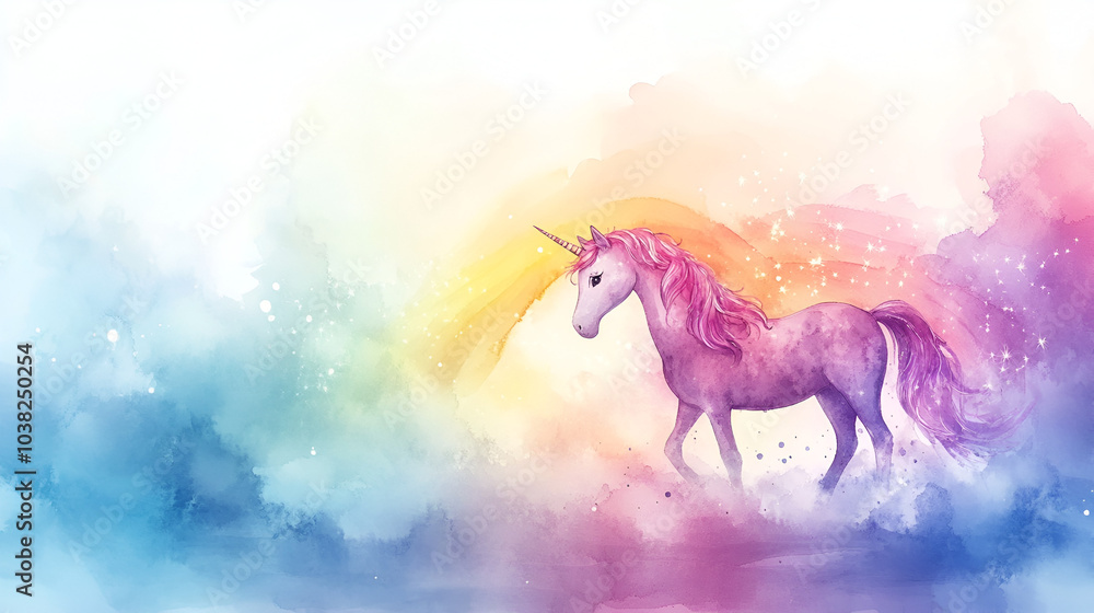 Fototapeta premium Aquarelle Illustration of a Unicorn and Rainbow, Whimsical Fantasy Art, Perfect for Kids and Fairytale-Themed Designs