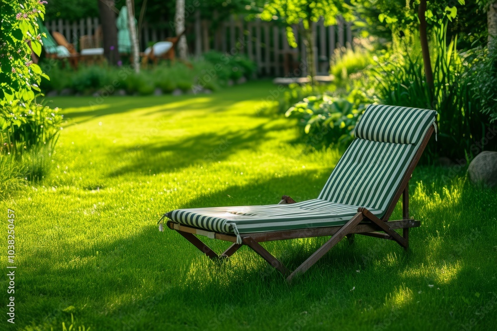 A striped chaise longue rests peacefully on a vibrant green lawn in a tranquil garden setting during the afternoon sunlight A striped chaise longue rests peacefully on a vibrant green lawn in a tranquil garden setting during the afternoon sunlight