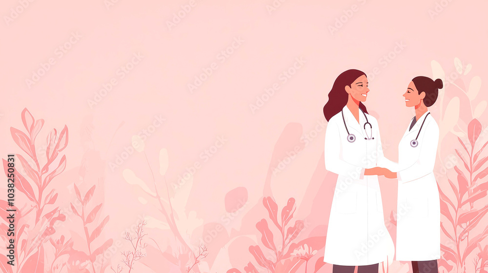 Two female doctors smiling at each other, standing in front of a pink floral background. Two female doctors smiling at each other, standing in front of a pink floral background.