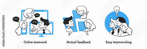 Set of icons about teamwork and lettering, online teamwork, mutual feedback, easy teamwork.