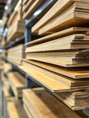 Stacked plywood sheets in a hardware store. photo